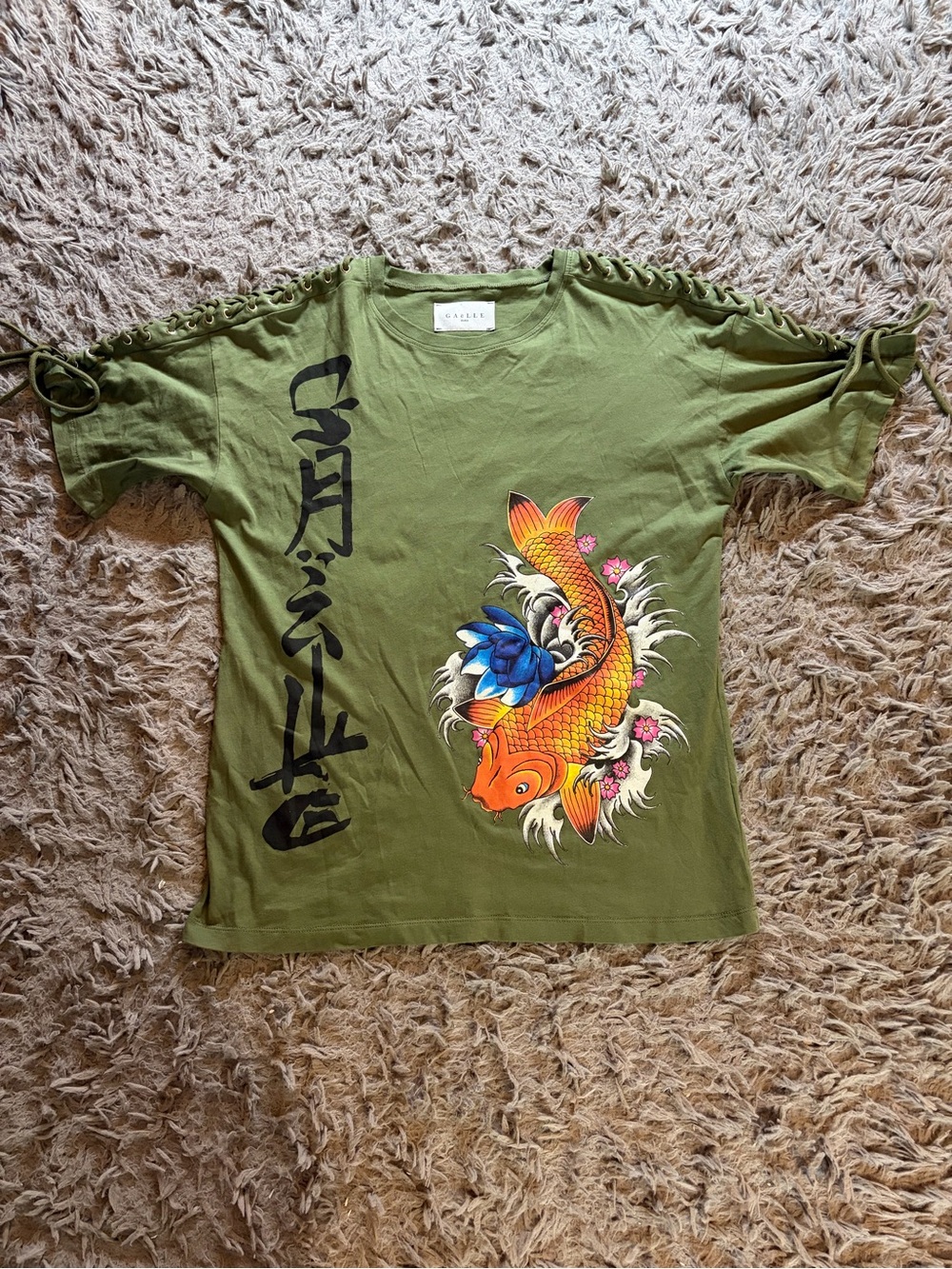 Gaëlle Paris green koi fish lace-up shoulder ties graphic t-shirt sz 1 (S)